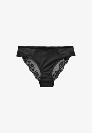 Chiloți negri cu un front din satin neted, dantelă pe laterale și o fundiță decorativă în față. Dantela are modele florale.