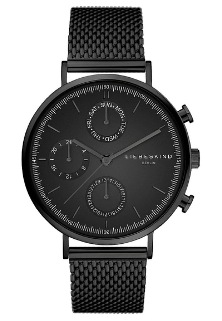 Orologio analogico nero con cinturino in rete testurizzato, quadrante circolare, sottodial per data e giorno, e segni minimalisti. Nome del marchio: Liebeskind Berlin.