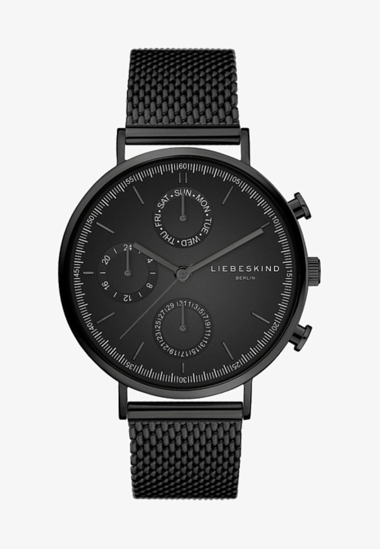 Orologio analogico nero con cinturino in rete testurizzato, quadrante circolare, sottodial per data e giorno, e segni minimalisti. Nome del marchio: Liebeskind Berlin.