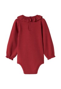 Body maroon a coste con maniche lunghe, scollatura arricciata e chiusura a bottoni sul retro. Tessuto morbido con polsini elasticizzati.