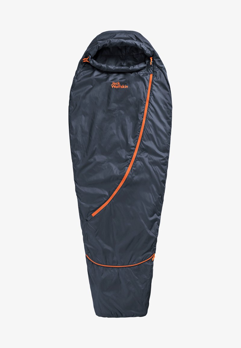 Schlafsack aus dunkelgrauem Nylon mit orangefarbenen Akzenten. Verfügt über eine Kapuze, einen seitlichen Reißverschluss und ein tailliertes Design, geeignet für den Einsatz im Freien.