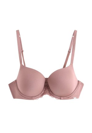 Reggiseno imbottito color malva con spalline regolabili e dettaglio in pizzo lungo la fascia sotto il seno, progettato per supporto e comfort.