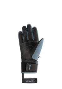 Schwarze Lederhandschuhe mit blauen textile Akzenten, ausgestattet mit einer strukturierten Handfläche, verstellbarem Handgelenkriemen und kontrastierenden Stichmustern.