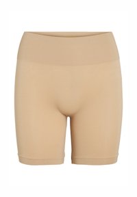 Beige hoge taille shorts met een geribbelde tailleband, een mooie textuur en een knielange uitstraling. Geen zichtbare naden of patronen.