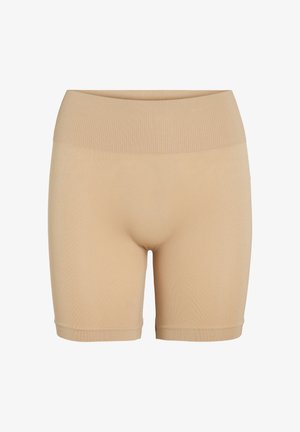 Beige, magas derekú rövidnadrág, bordázott derékpánttal, sima textúrával és térd alá érő fazonnal. Nincsenek látható varratok vagy minták.