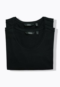 Dos camisetas de algodón negras apiladas; cada una cuenta con un escote redondeado y mangas cortas. Las etiquetas son visibles dentro del cuello.