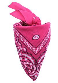 Bandana en coton rose avec un motif paisley et des accents noirs, en forme triangulaire, noué sur le dessus, avec des détails floraux et des bordures décoratives.