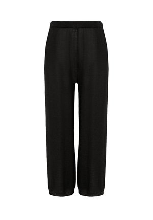 Pantalons larges noirs en tissu texturé avec une taille élastique haute et une coupe ample. Présente une coupe droite sans fermetures visibles.