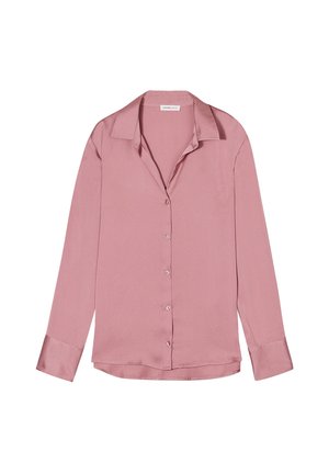 Camicia button-up in satin rosa chiaro con colletto, maniche lunghe e polsini con bottoni, caratterizzata da una texture liscia e una vestibilità rilassata.