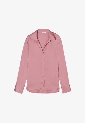 Camicia button-up in satin rosa chiaro con colletto, maniche lunghe e polsini con bottoni, caratterizzata da una texture liscia e una vestibilità rilassata.