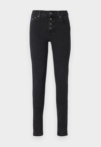 Černé úzké džíny z denimu, s vysokým pasem, zapínáním na pět knoflíků a jemnými švy podél kapes.