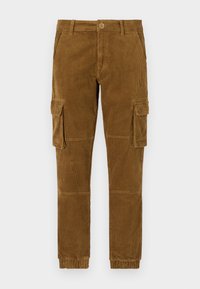 Braune Kordhosen im Cargo-Stil mit schmalem Schnitt, ausgestattet mit Seitentaschen, einem Knopfverschluss und elastischen Bündchen an den Knöcheln.