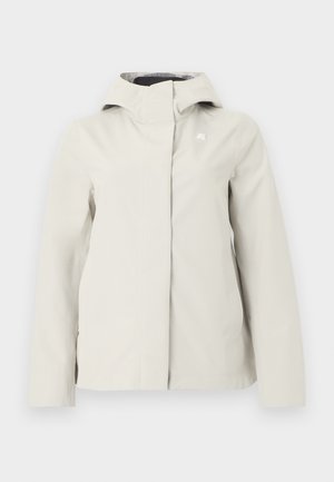 Giacca impermeabile con cappuccio in beige chiaro, con cerniera frontale nascosta e logo discreto sul petto, progettata per l'uso all'aperto.