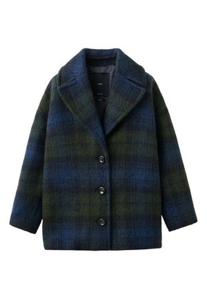 Abrigo de cuadros en tonos verdes y azules, hecho de una mezcla de lana texturizada, presenta un cuello con muescas, botones en la parte delantera y una silueta holgada.