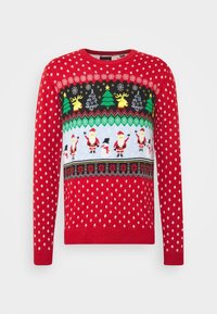 Roter gestrickter Pullover mit Weihnachtsmotiven, darunter Santa, Bäume und Schneeflocken in Grün, Schwarz und Weiß. Lange Ärmel.