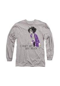 Long-sleeve gray shirt featuring cartoon skeleton design with black hair and purple jacket. Text reads "I DON'T GET OUT MUCH" in black.