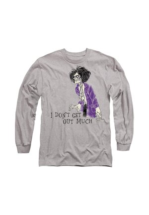 Long-sleeve gray shirt featuring cartoon skeleton design with black hair and purple jacket. Text reads "I DON'T GET OUT MUCH" in black.