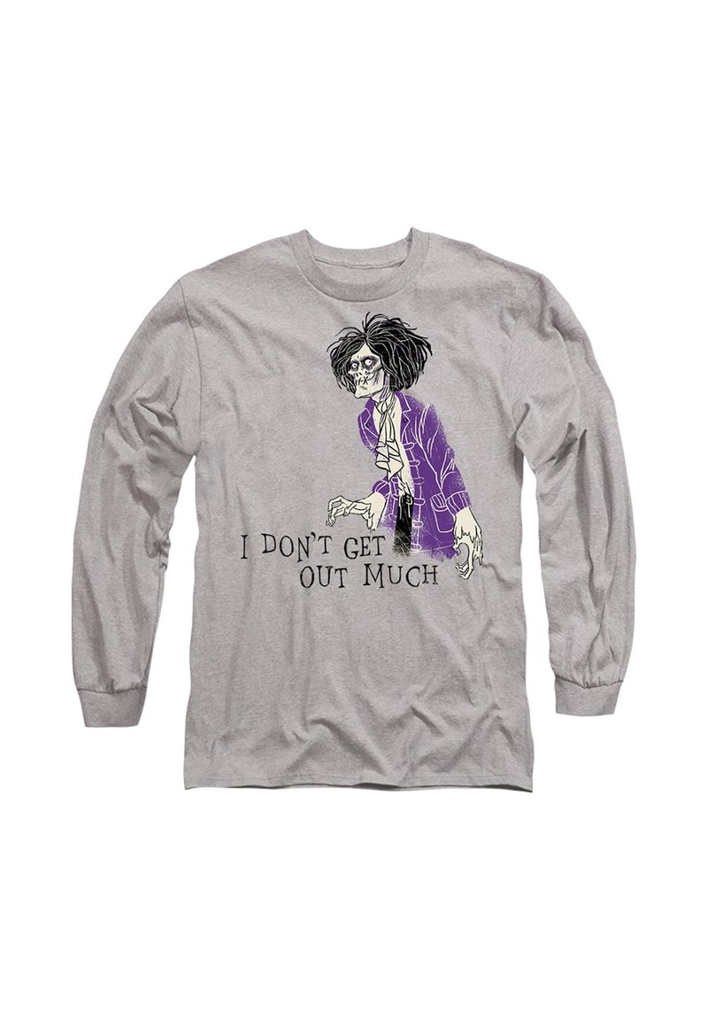 Long-sleeve gray shirt featuring cartoon skeleton design with black hair and purple jacket. Text reads "I DON'T GET OUT MUCH" in black.