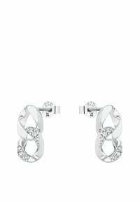 Silverfärgade clip-on örhängen med tvinnad slinga-design, delvis inlagda med små klara kristaller, och med 925 sterling silver-stämpel på baksidan.