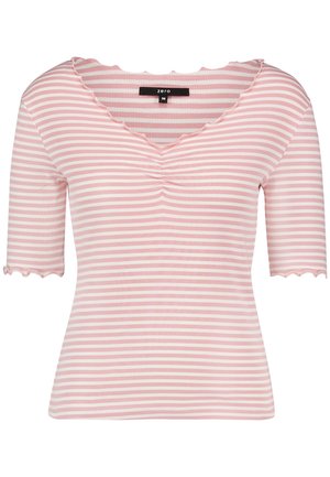 Haut côtelé rayé horizontalement rose et blanc avec manches mi-longues, bords festonnés et léger froncé au col en V. Taille 36.