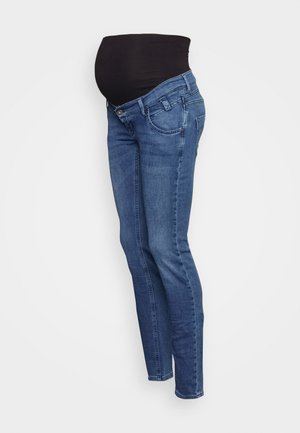 Calças de maternidade em denim azul escuro, com um design slim fit e uma cintura elástica preta para maior conforto.