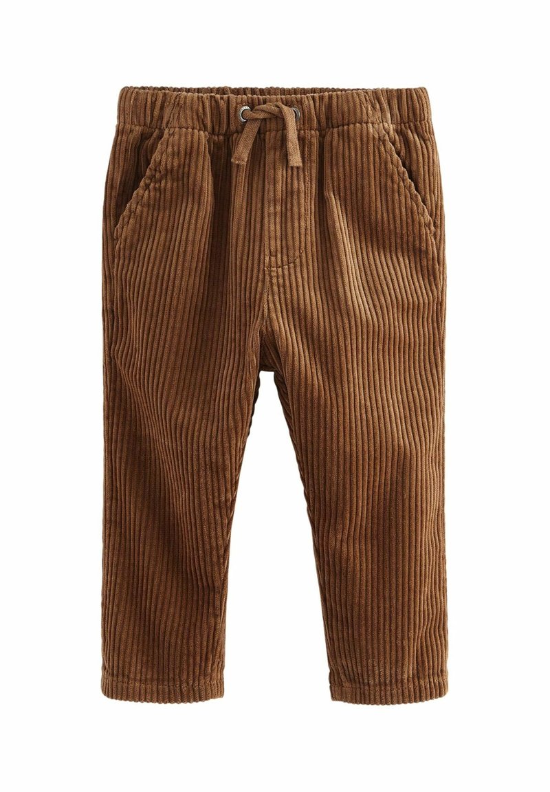 Pantalon en velours côtelé marron pour tout-petit avec taille élastique, cordon de serrage et poches latérales.