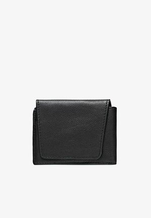 Black leather wallet, rectangular shape with textured surface, flap closure, and side pocket. Compact design with minimalistic accents.