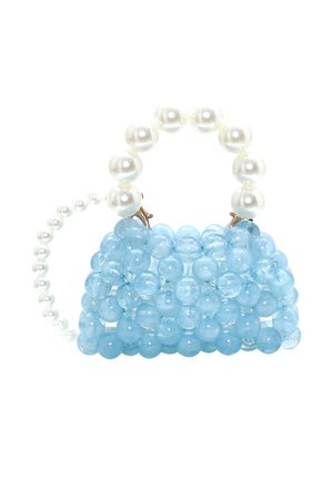 Borsa a tracolla blu realizzata con perline lucide, con un manico di perle, caratterizzata da una forma rettangolare strutturata e una finitura superficiale lucida.