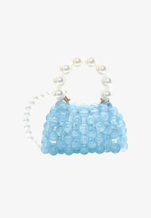 Blaue Perlenhandtasche aus glänzenden Perlen mit einem Perlenhenkel, die eine strukturierte rechteckige Form und eine glänzende Oberflächenverarbeitung aufweist.
