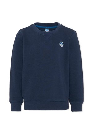 Sudadera azul marino de cuello redondo con puños y bajo acanalados, con un pequeño logo redondo blanco y azul en el pecho izquierdo.