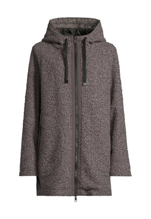 Bruine gestructureerde hooded jas met een rits aan de voorkant, voorzien van een fuzzy buitenkant en een zachte voering. Lange mouwen en zijzakken maken het ontwerp compleet.