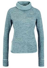 Hellblaues Sportoberteil mit strukturiertem Rollkragen, langen Ärmeln und seitlichen Akzenten. Hergestellt aus einem weichen, atmungsaktiven Stoff mit meliertem Muster.