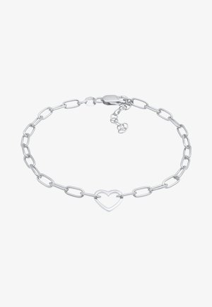 Silbernes Gliederarmband mit verlängerten Gliedern und einem hohlen herzförmigen Anhänger in der Mitte, gesichert mit einem Karabinerverschluss und Verlängerungskette.