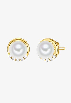 Zelta skrūvju auskari ar lielu baltu pērli, ko ieskauj spīdīga zelta gredzena un rotā nelieli caurspīdīgi dārgakmeņi apakšā.