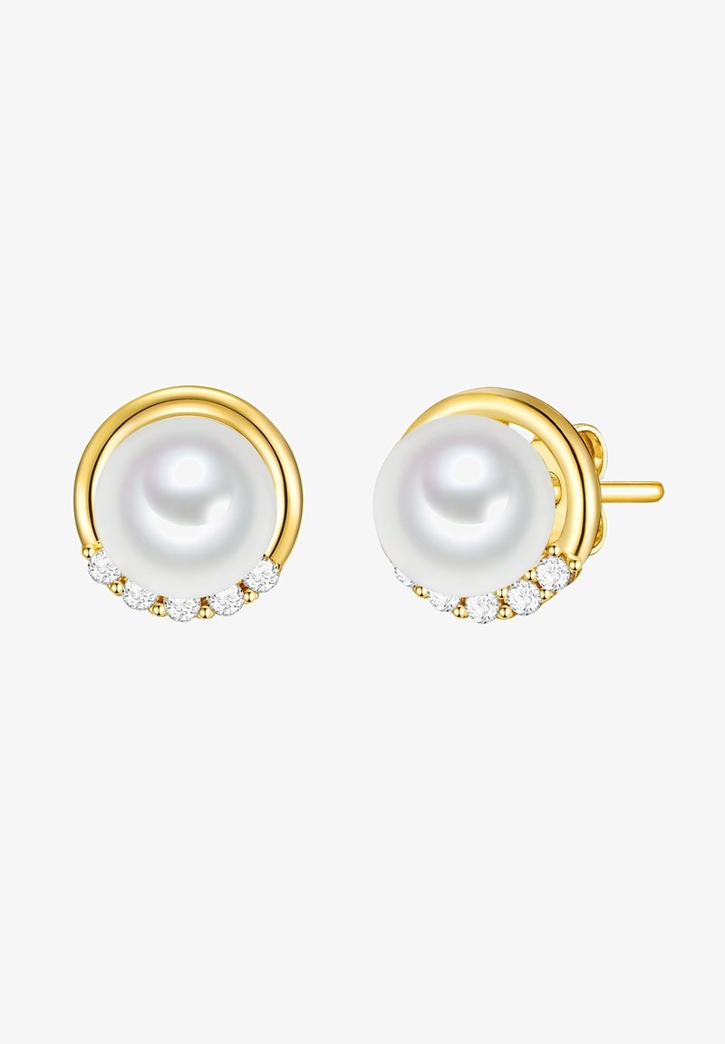 Auksinės stud auskarai su didele balta perla, apsupta blizgaus auksinio žiedo ir papuošta mažais skaidriais brangakmeniais apačioje.