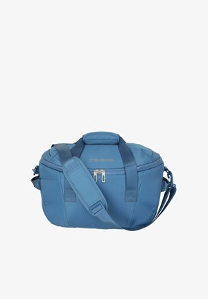 Blauer Travelite-Reisetasche mit zwei Griffen, verstellbarem Schulterriemen und Reißverschlusstasche vorne.