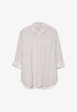 Long-sleeve button-up shirt with vertical beige and white stripes, pointed collar, and rolled-up cuffs on white background.