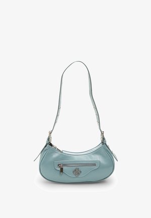 Light blue leather shoulder bag with a curved shape, zippered front pocket, silver-tone hardware, and adjustable strap with decorative accents.