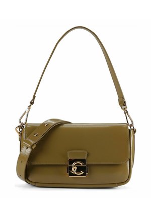 Olive green leather handbag with a rectangular shape, gold hardware clasp, adjustable strap, and smooth texture.