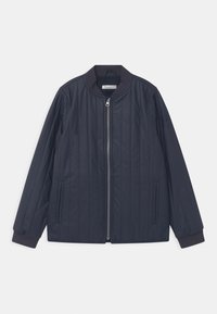 Navy quilted bomber jacket with a front zip closure, ribbed collar and cuffs, and two side pockets. Smooth, lightweight fabric.