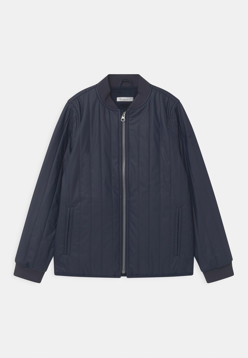 Navy quilted bomber jacket with a front zip closure, ribbed collar and cuffs, and two side pockets. Smooth, lightweight fabric.