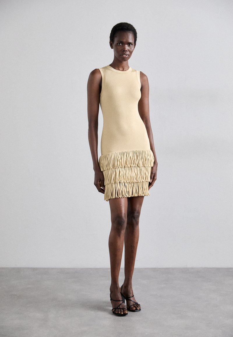 sandro dress gold Sandro Gold Mini Dress with Silver Two Tone Metallic Off Shoulder Size 3 / L