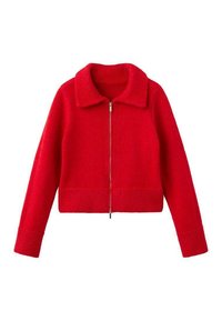Maglione rosso, corto, con zip e colletto e polsini a coste. Realizzato in tessuto testurizzato, con chiusura frontale a zip e colore uniforme.
