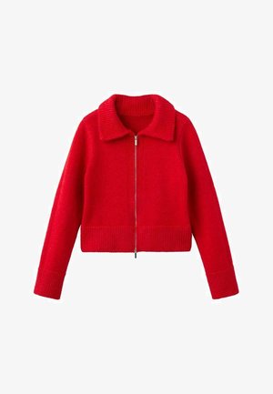 Red, cropped zip-up sweater with a ribbed collar and cuffs. Made of textured fabric, featuring a front zip closure and solid color.