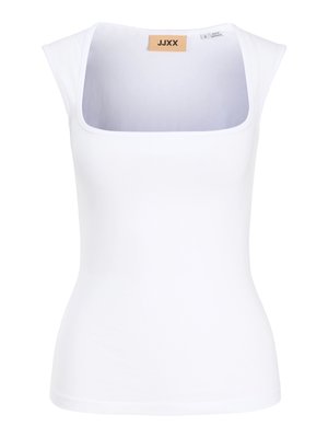 Haut blanc ajusté sans manches avec un large décolleté carré et de petites manchons d'épaule, étiquette taille petite.