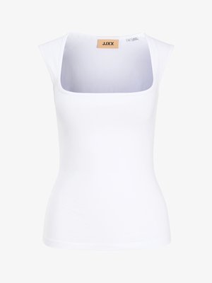 Top bianco aderente senza maniche con ampio scollo quadrato e piccole spalline a copertura delle spalle, taglia piccola.