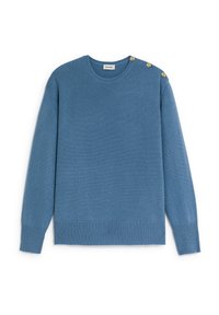 Himmelblauer Pullover aus strukturiertem Strick, mit Rundhalsausschnitt, langen Ärmeln und drei goldenen Knöpfen an der linken Schulter. Geraffter Saum.