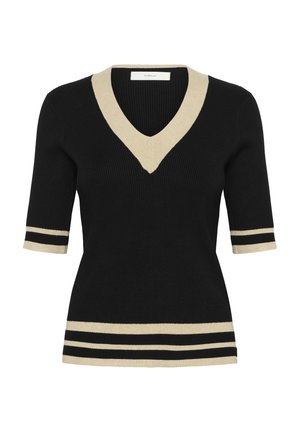 Pull noir côtelé avec un col en V et des manches courtes, avec des accents crème et des détails rayés horizontaux sur les manches et l'ourlet.