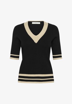 Mustra musta reljeefse palmikuga sviiter, millel on V-kaelus ja lühikesed varrukad. Sviiteril on kreemilised aktsendid ja horisontaalsed triibud varrukatel ning alläärsel.