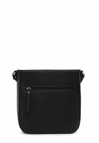 Bolso cruzado de cuero negro con un acabado texturizado, que cuenta con un bolsillo frontal con cremallera y una correa ajustable. Forma rectangular con un diseño minimalista.